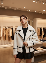 Cream fleece jacket with black trim close-up front view