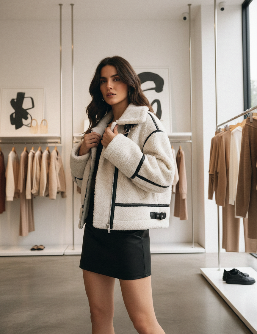 Cream fleece jacket with black trim front view