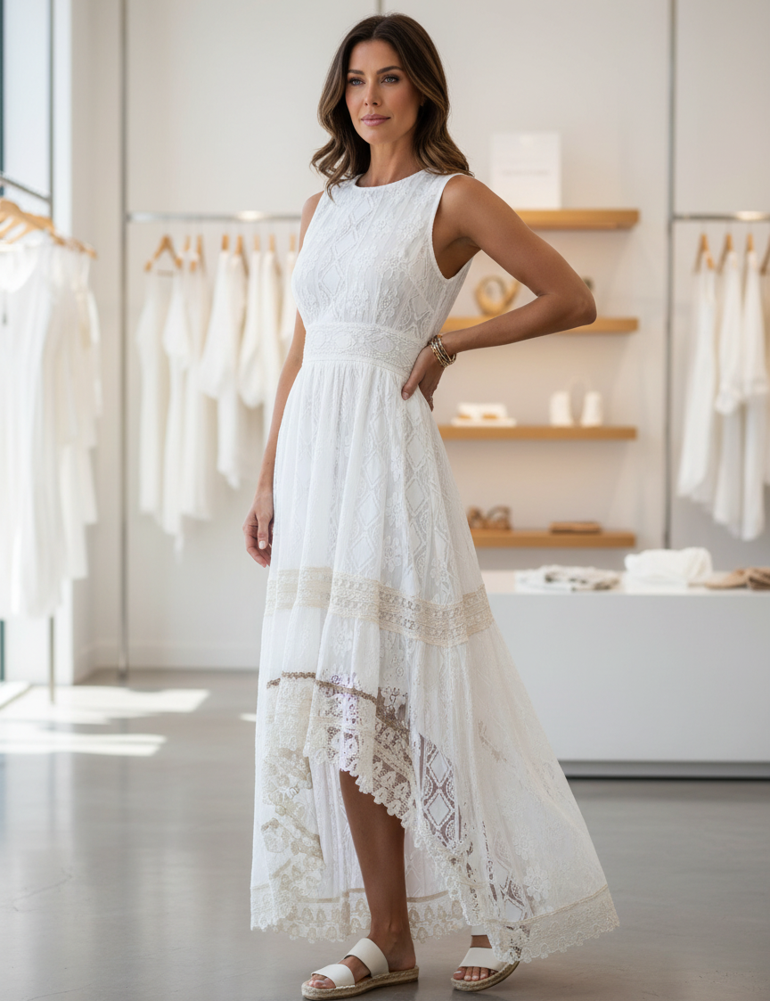 White boho maxi dress with lace and geometric patterns indoor side view