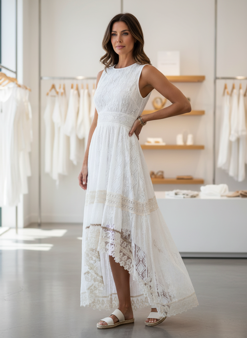 White boho maxi dress with lace and geometric patterns indoor side view