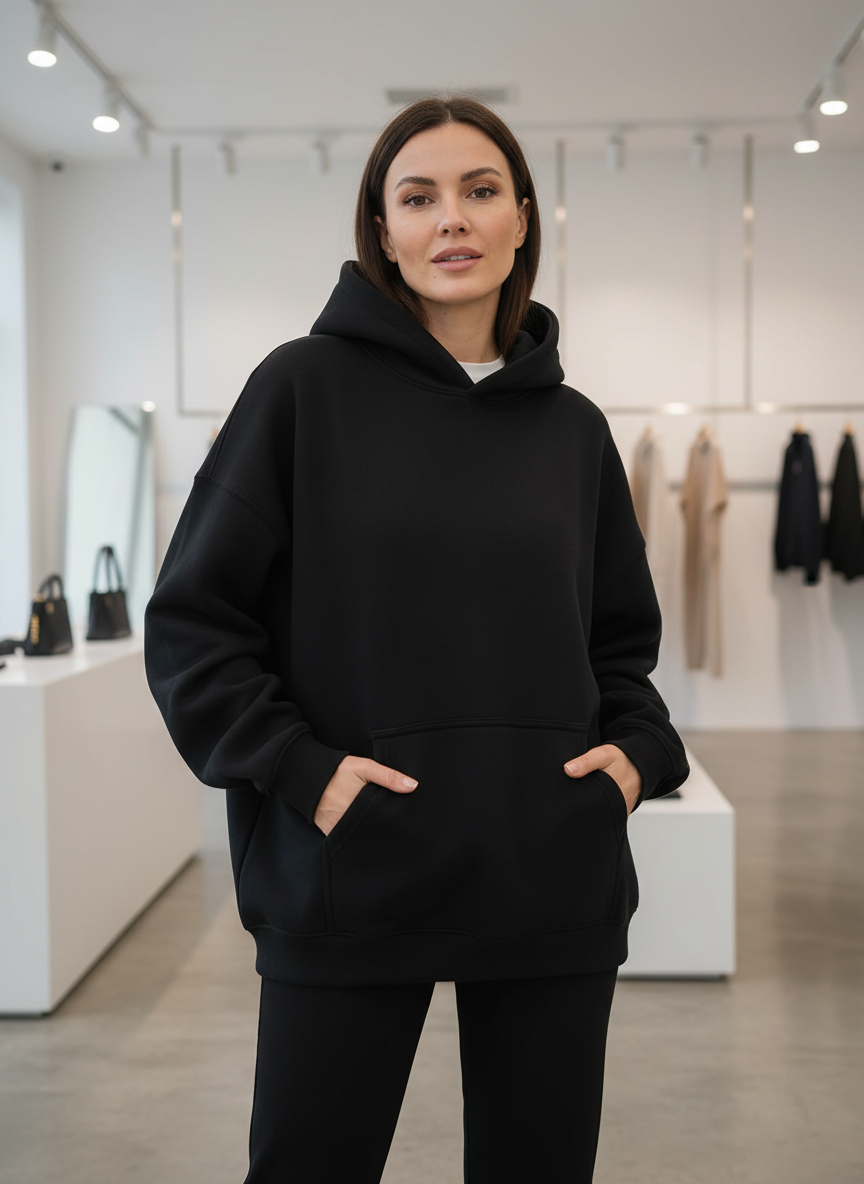 Black hoodie with pockets, front view