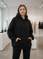 Black hoodie with pockets, front view