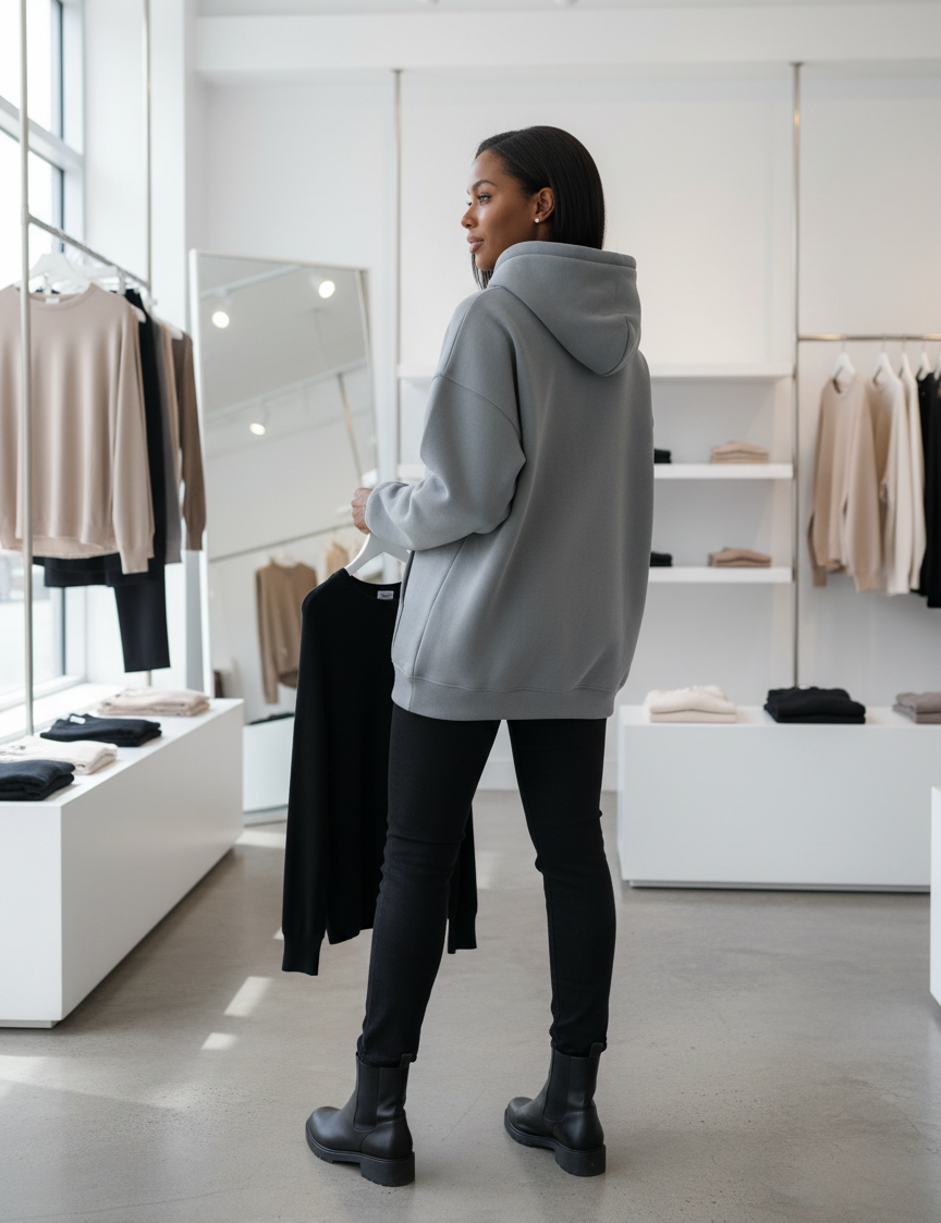 Gray hoodie with pockets, back view