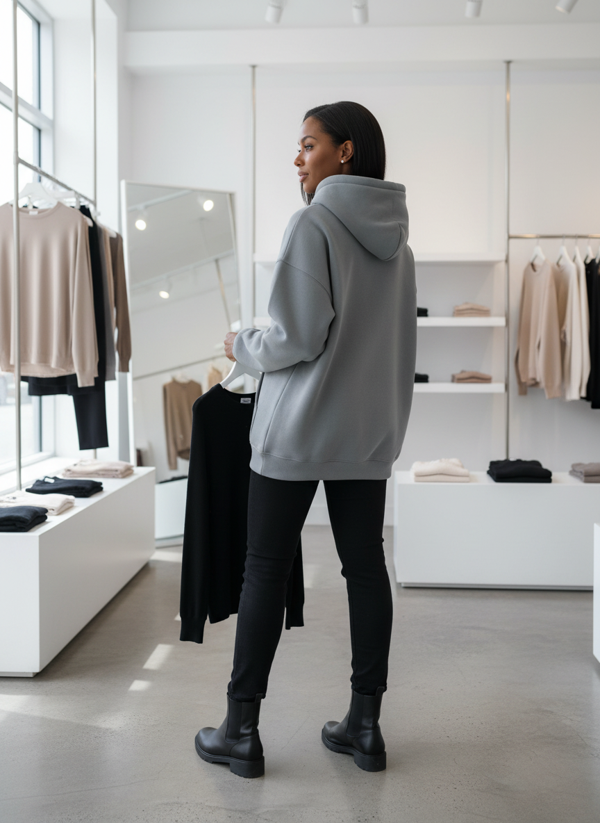 Gray hoodie with pockets, back view
