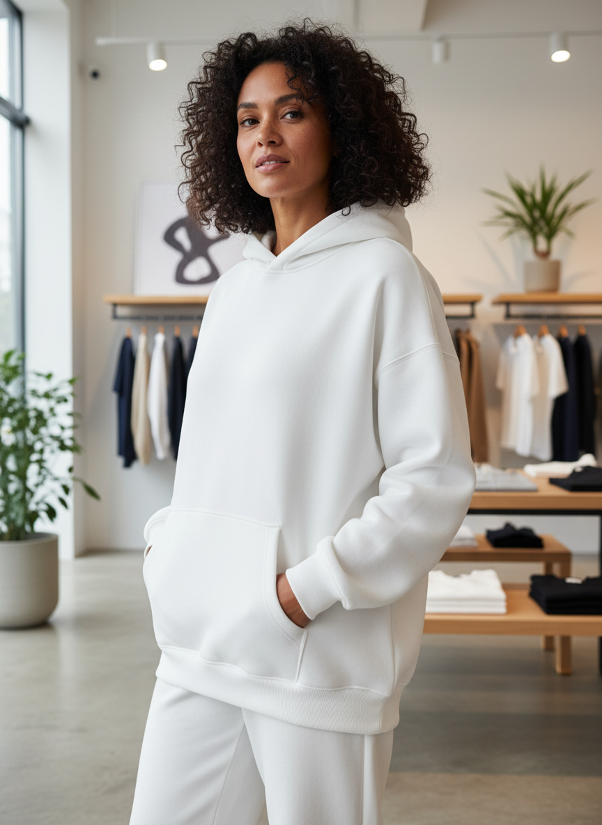 White hoodie with pockets, front view