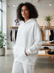 White hoodie with pockets, front view