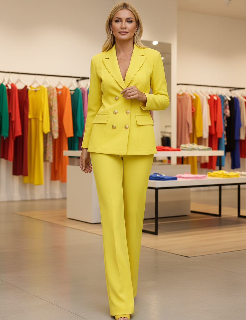 Bright yellow power pant suit with gold buttons front view
