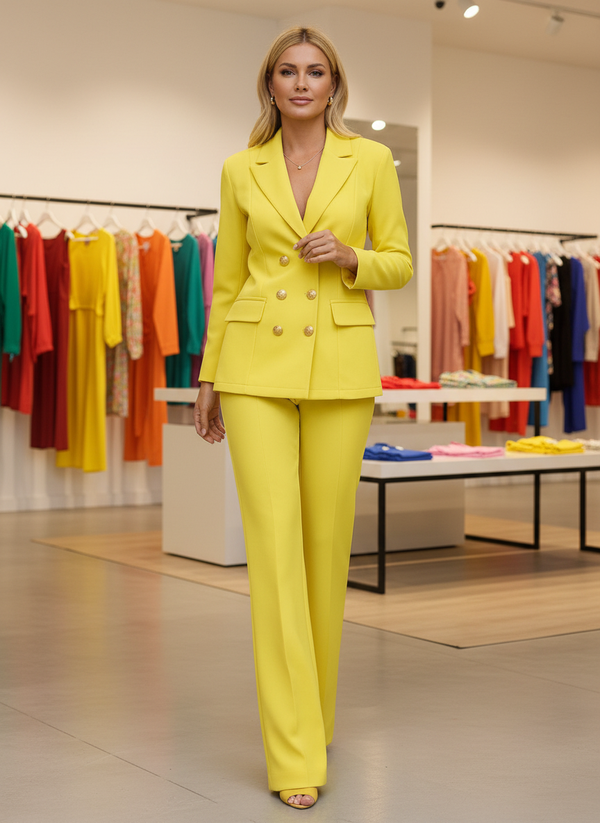 Bright yellow power pant suit with gold buttons front view