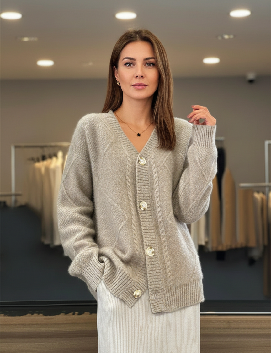 Beige knitted cardigan with gold buttons side view