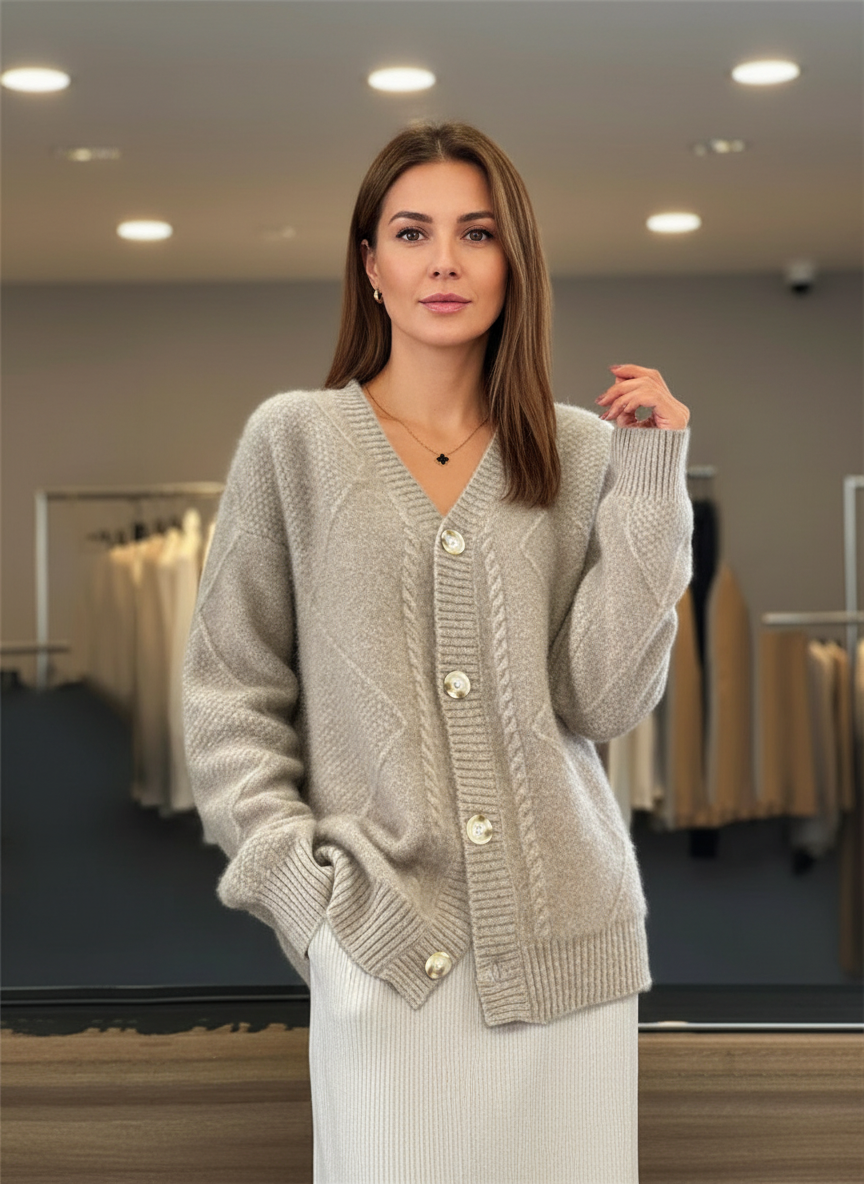 Beige knitted cardigan with gold buttons side view