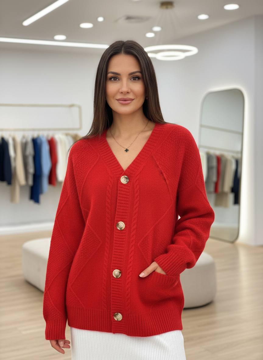 Red knitted cardigan with gold buttons front view