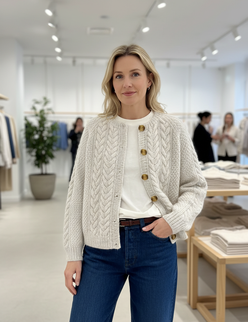 Cream cable knit cardigan with gold buttons front view