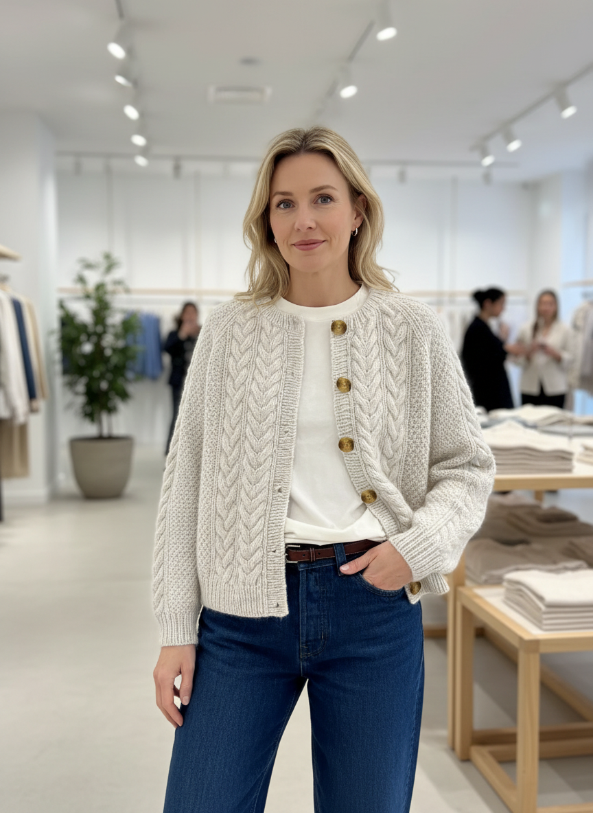 Cream cable knit cardigan with gold buttons front view