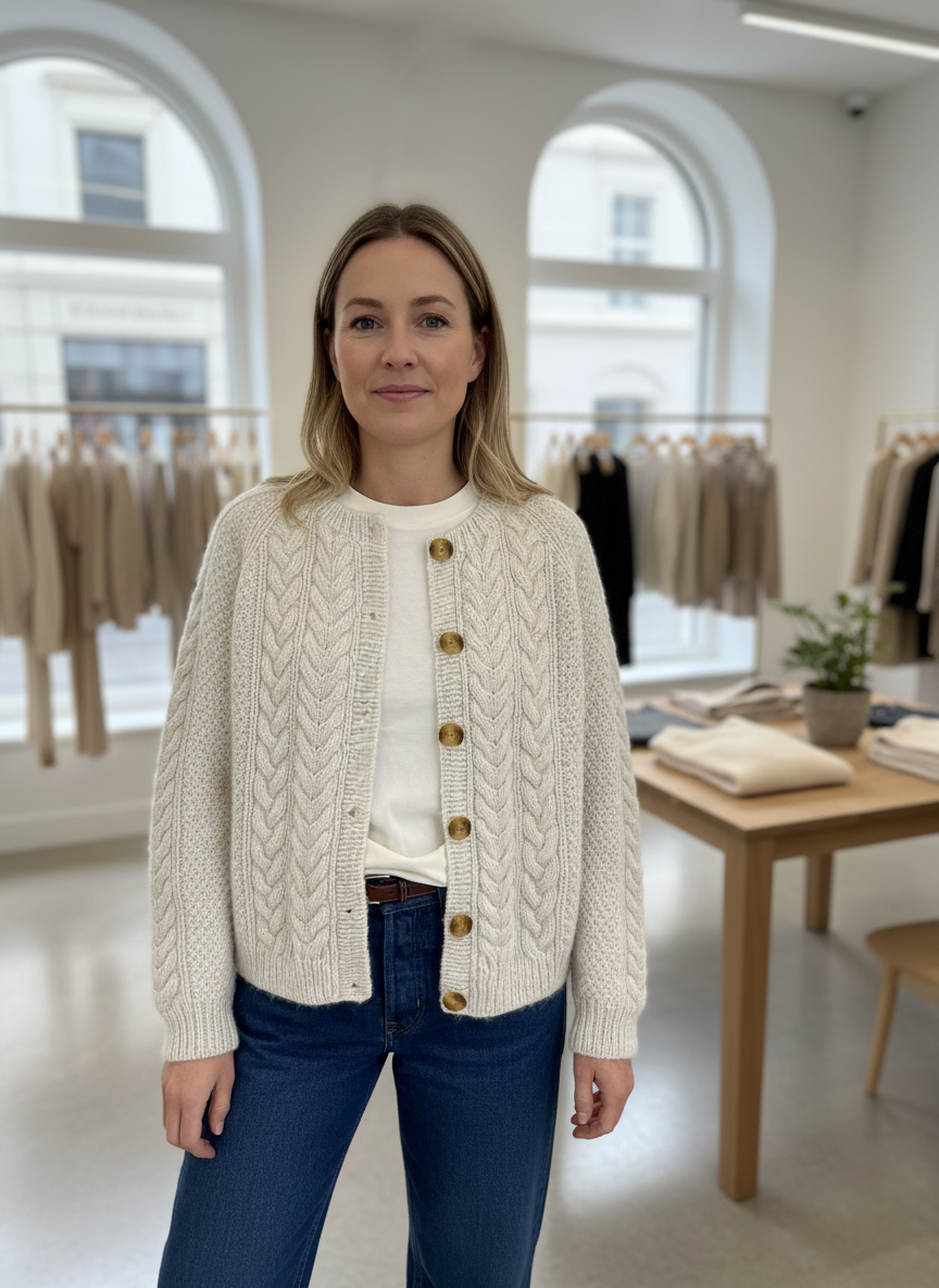 Cream cable knit cardigan with gold buttons front view