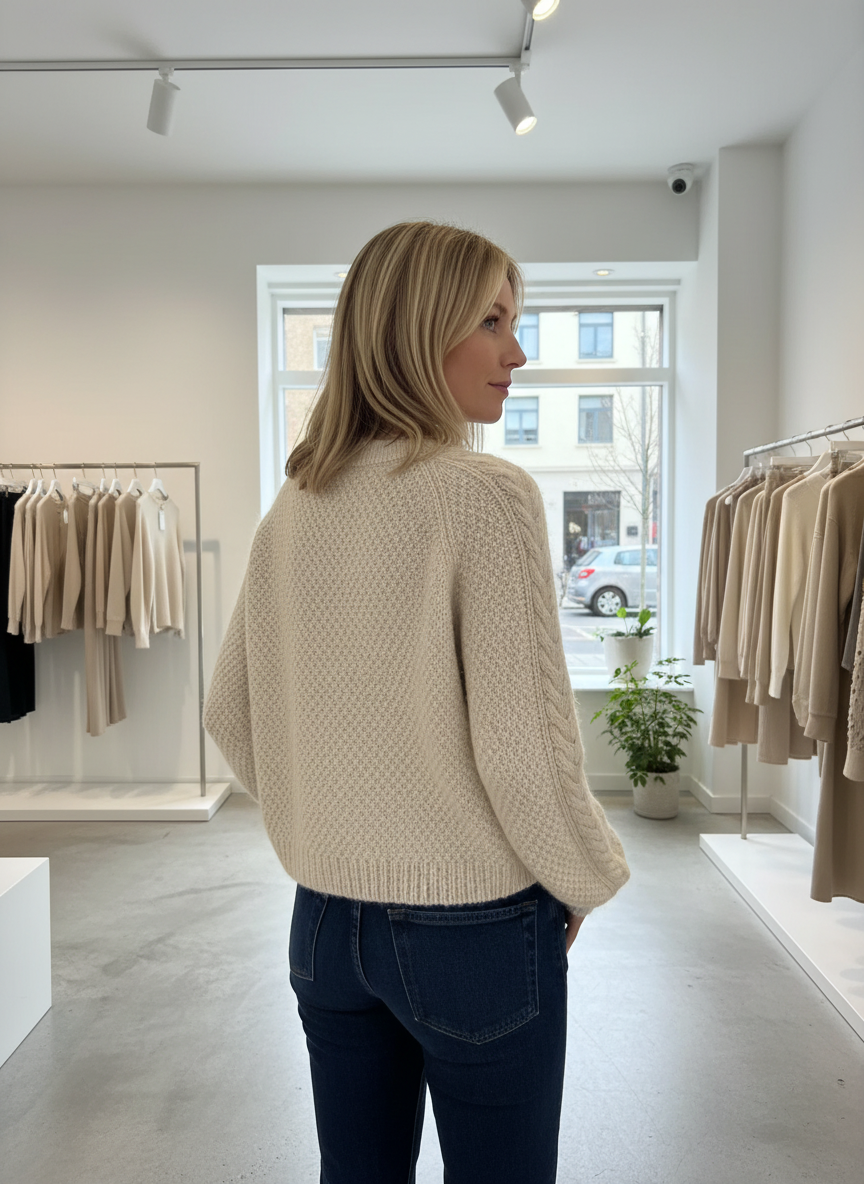 Cream cable knit cardigan side view