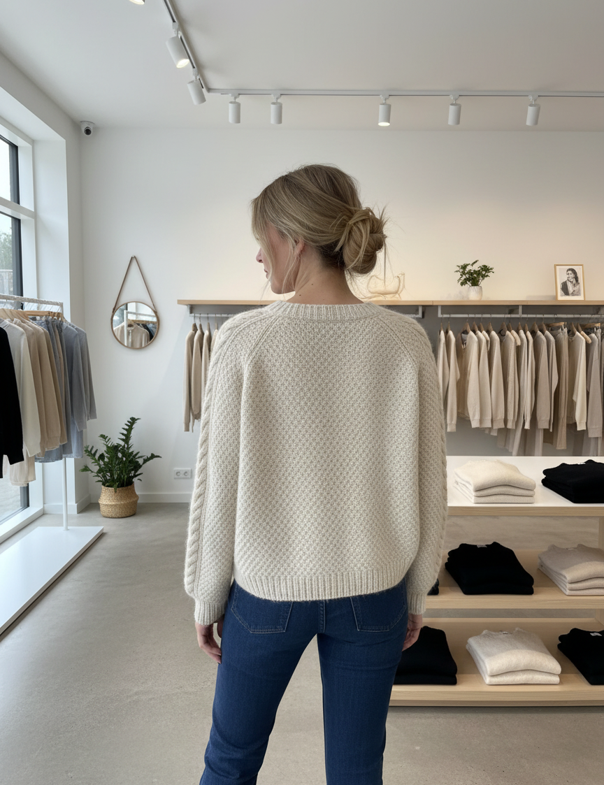 Cream cable knit cardigan back view