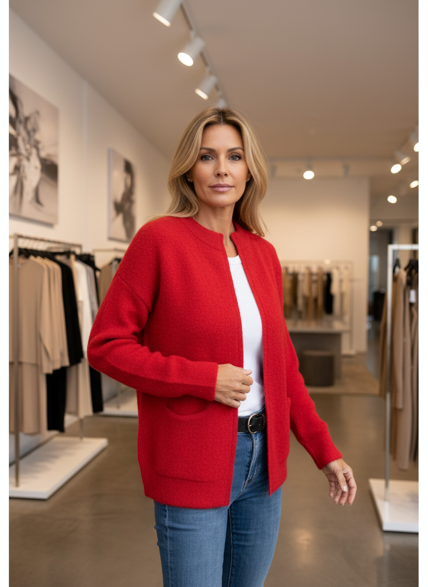Red knit cardigan with pockets front view