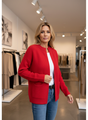 Red knit cardigan with pockets front view
