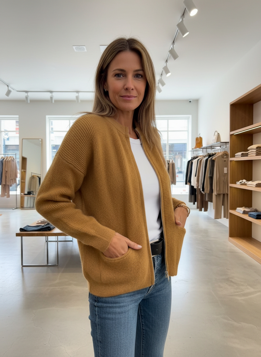 Mustard knit cardigan with pockets front view
