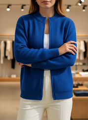 Blue knit cardigan with zipper detail front view
