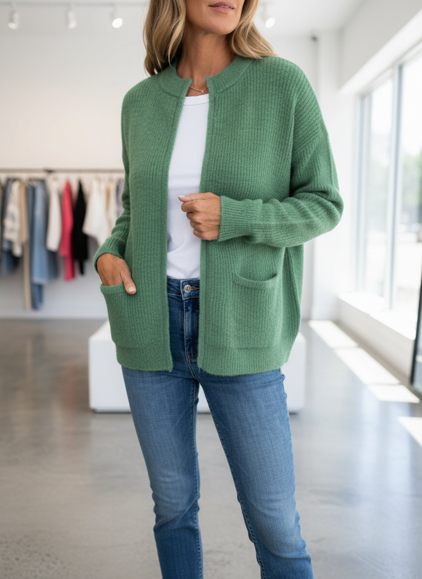 Green knit cardigan with pockets side view
