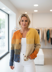 Cardigan mustard and multicolor block pattern front view
