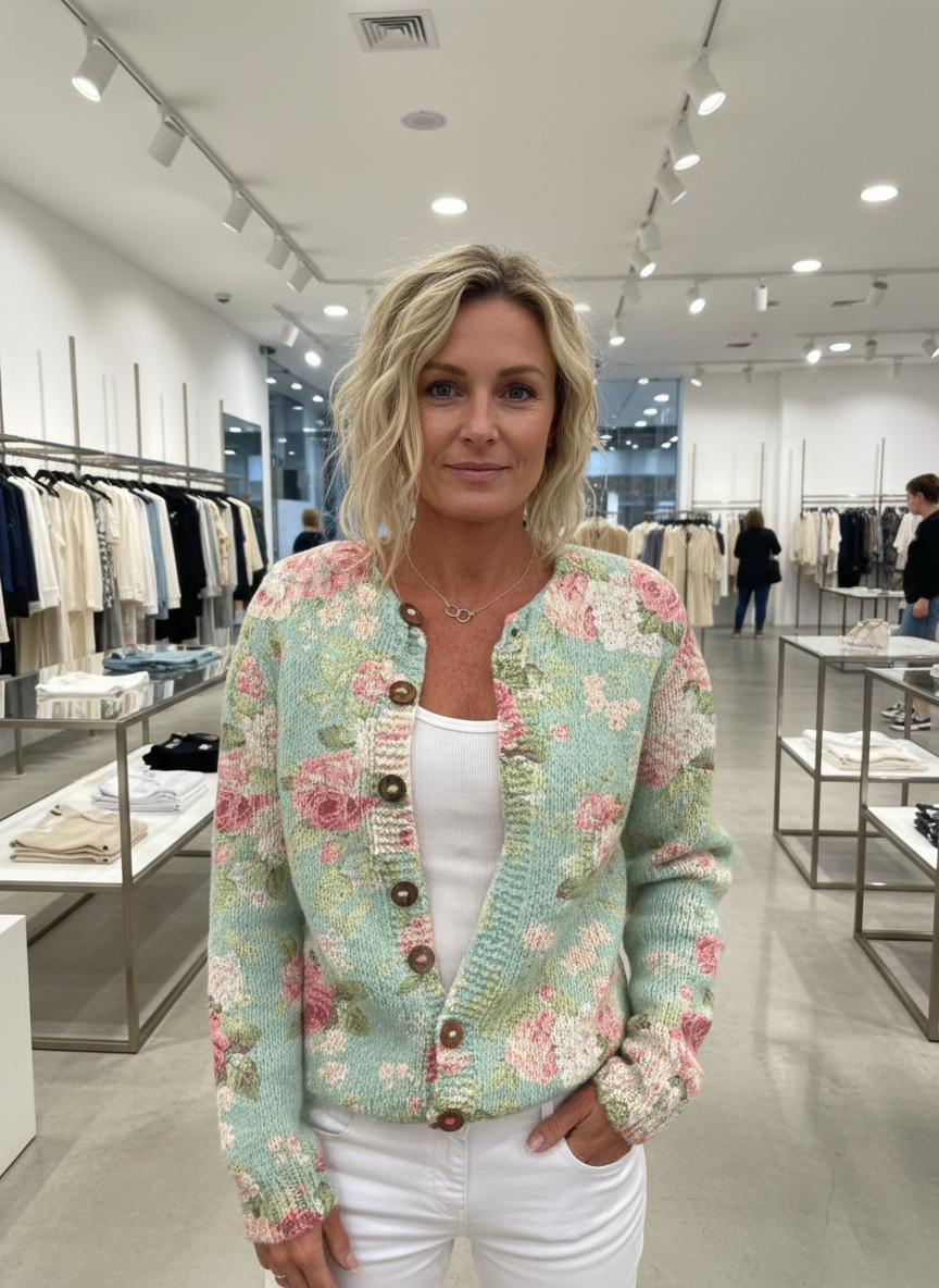 Cardigan light green and pink floral pattern front view
