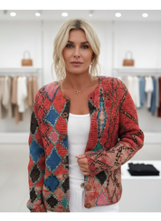 Cardigan red and multicolored geometric pattern front view