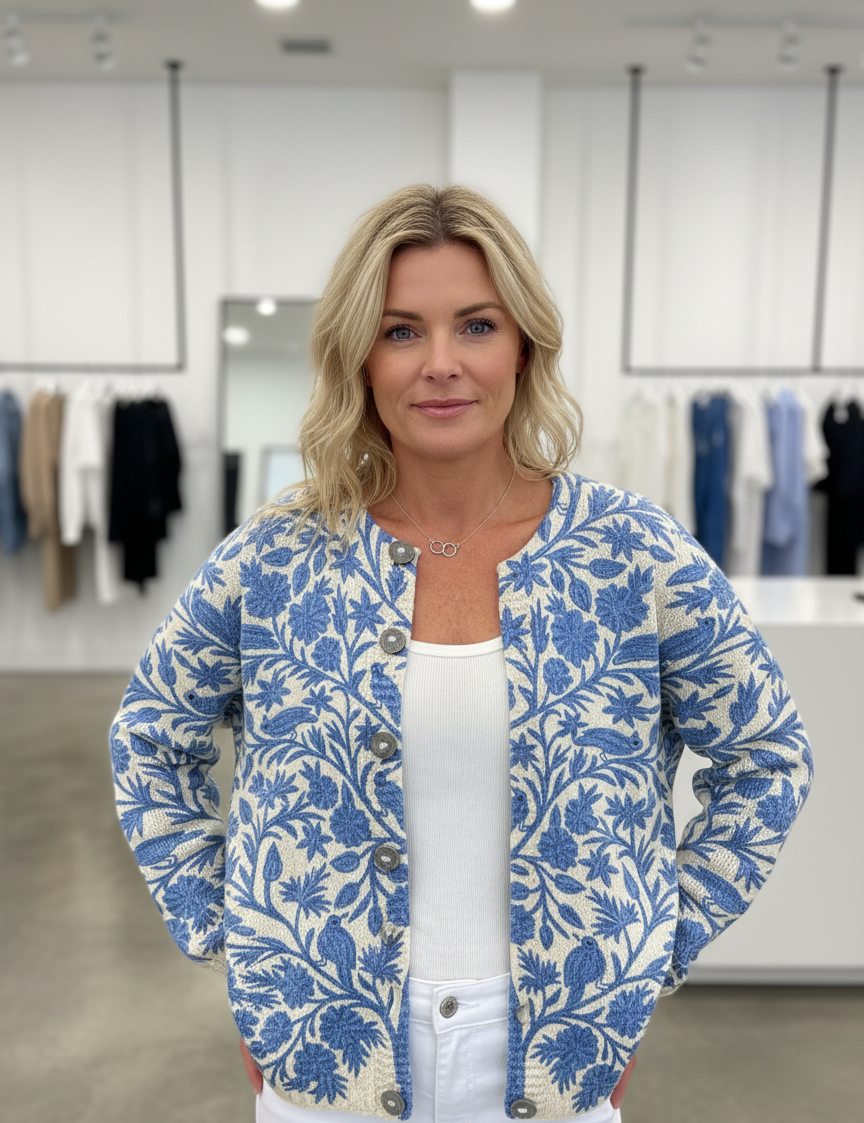 Cardigan blue and white floral pattern front view