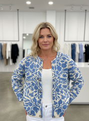 Cardigan blue and white floral pattern front view