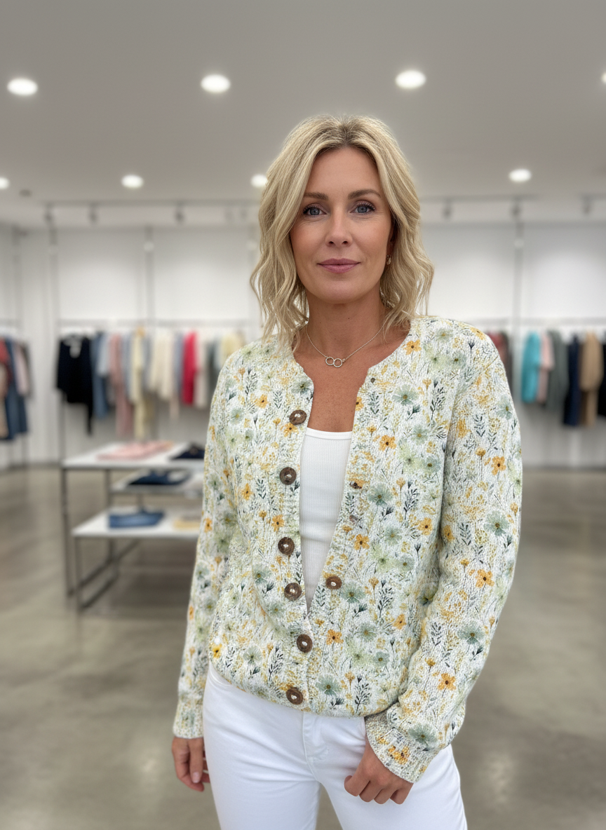 Cardigan cream and yellow floral pattern front view