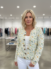 Cardigan cream and yellow floral pattern front view