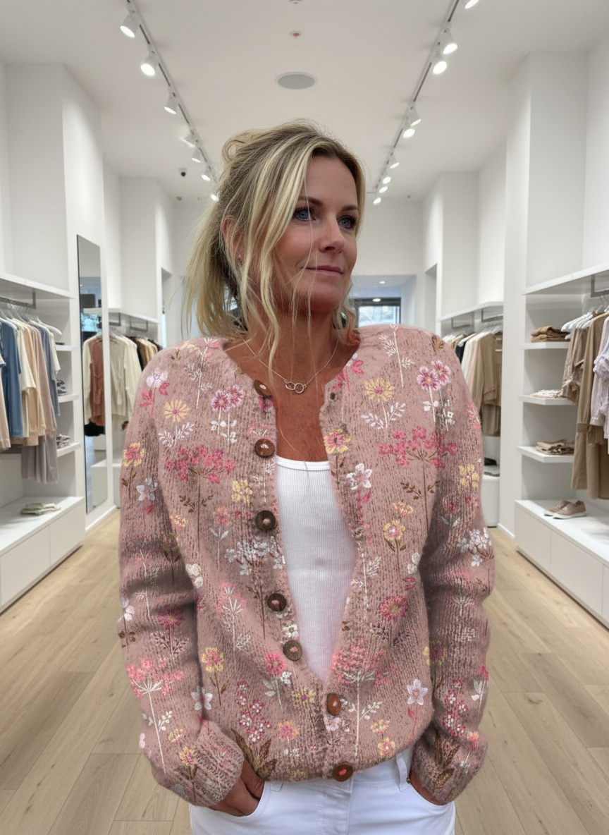 Cardigan blush pink and floral pattern front view