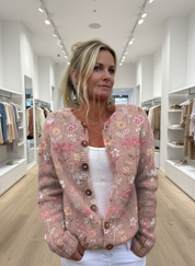 Cardigan blush pink and floral pattern front view