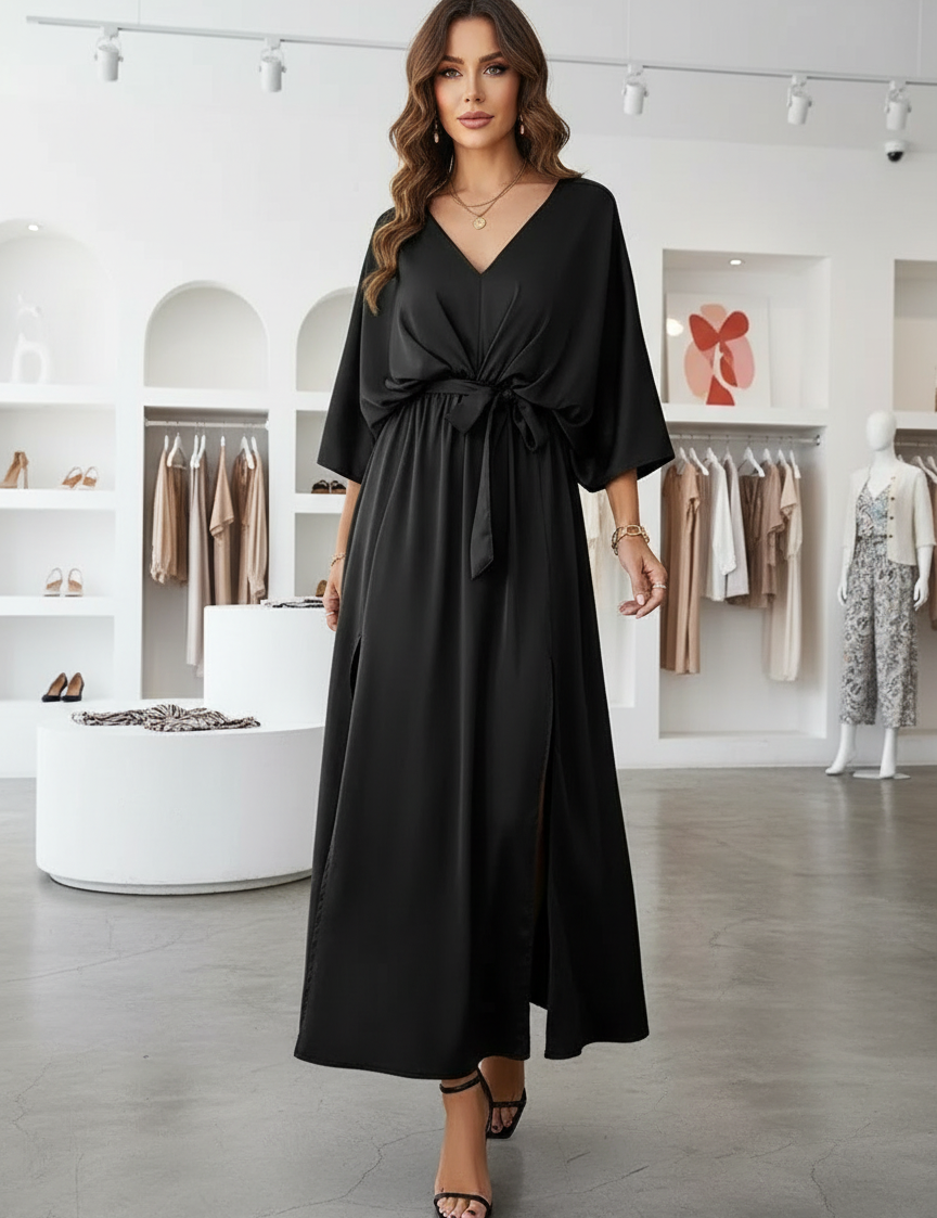 Black maxi dress with V-neck and side slit, front view in store