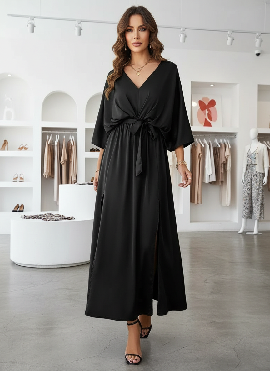 Black maxi dress with V-neck and side slit, front view in store