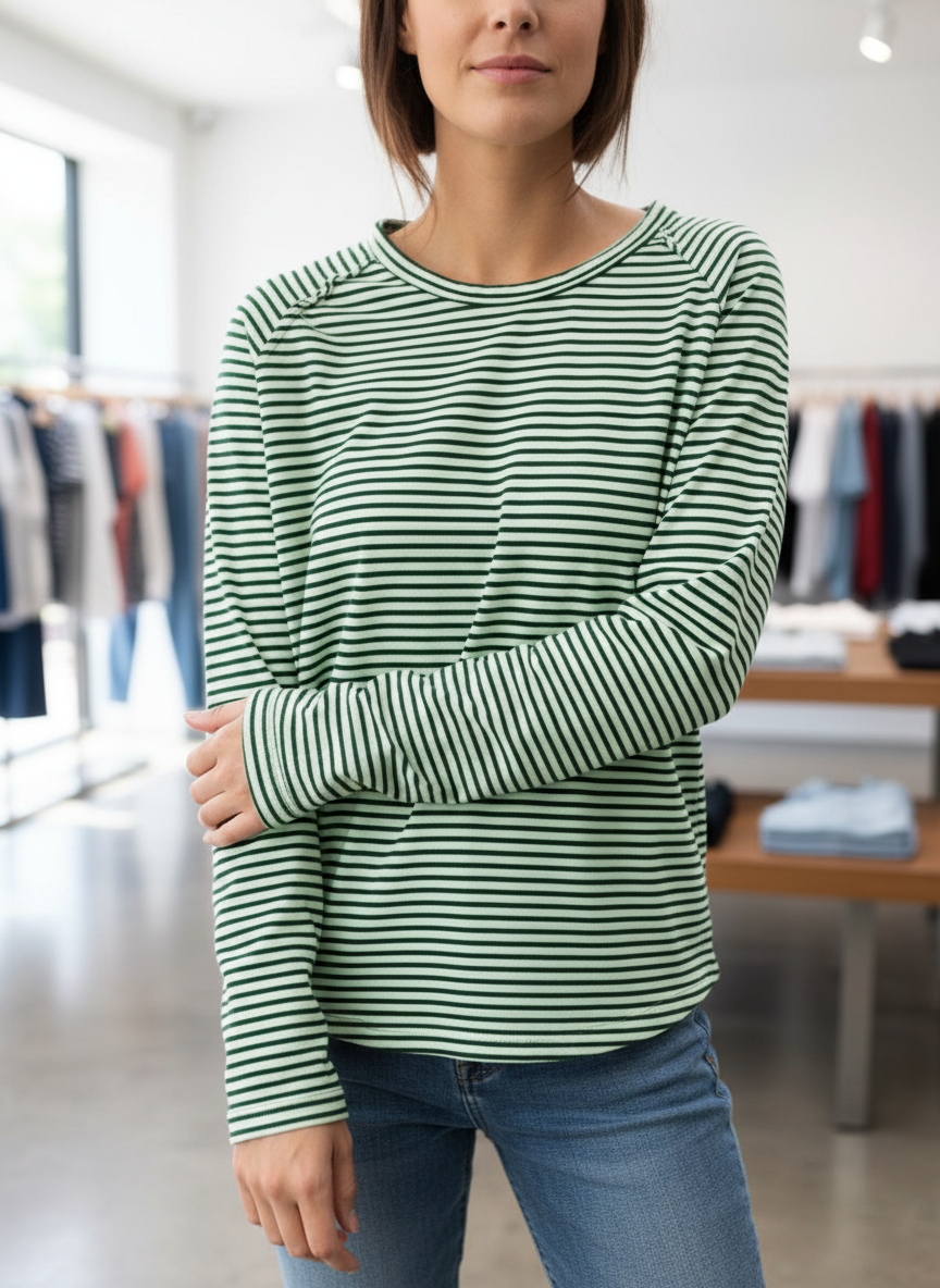 Green striped long-sleeve shirt torso view