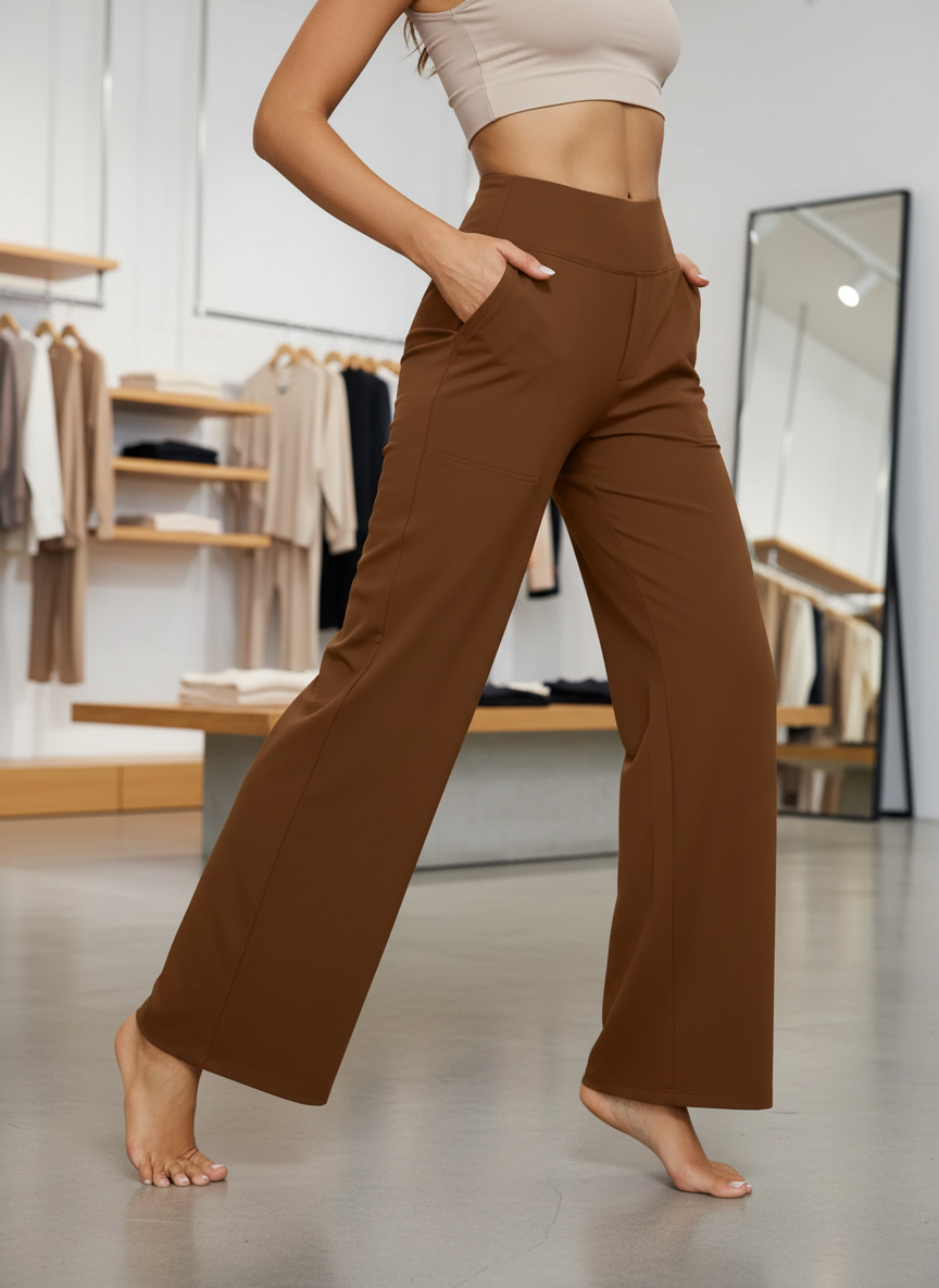 High-waist pants brown walking pose