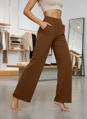High-waist pants brown walking pose
