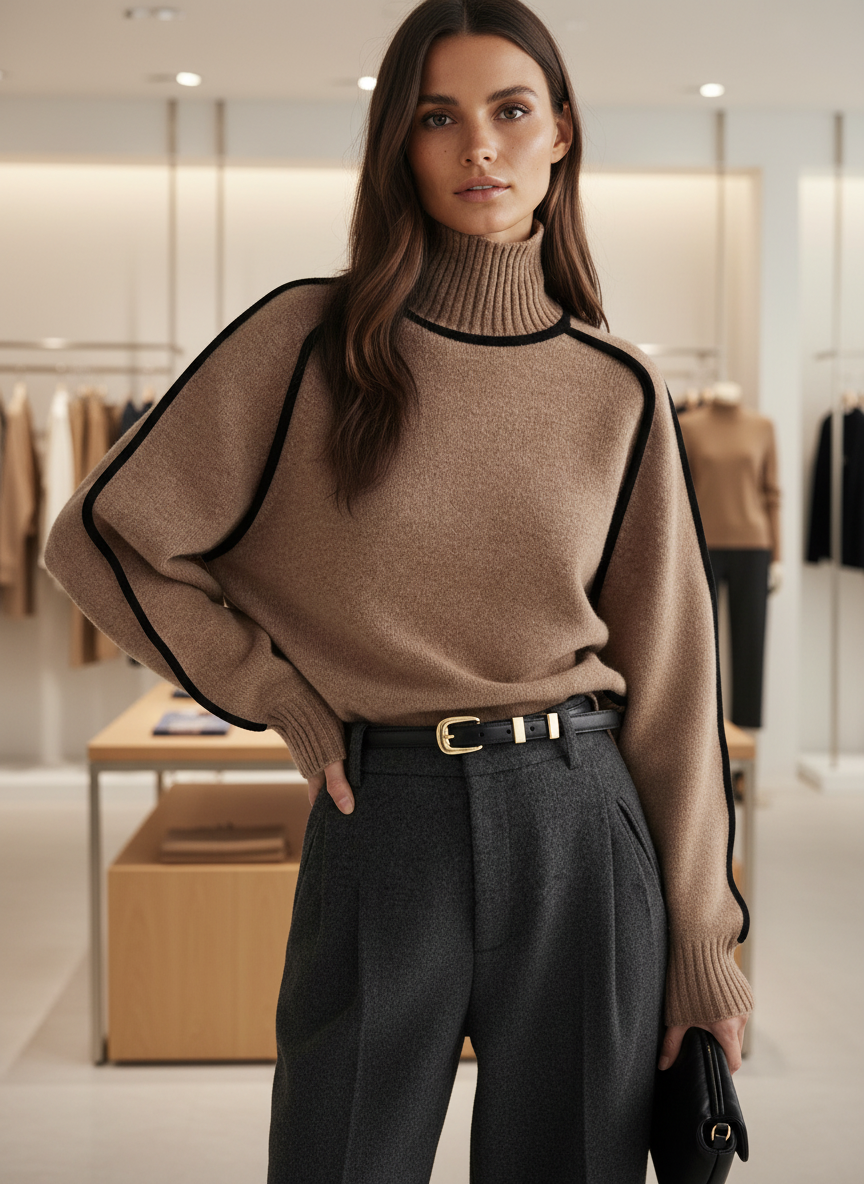 Zachte Turtleneck Sweater met Zwarte Piping – Ultiem Comfort