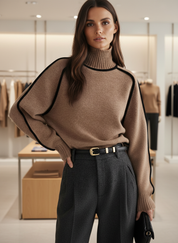 Zachte Turtleneck Sweater met Zwarte Piping – Ultiem Comfort