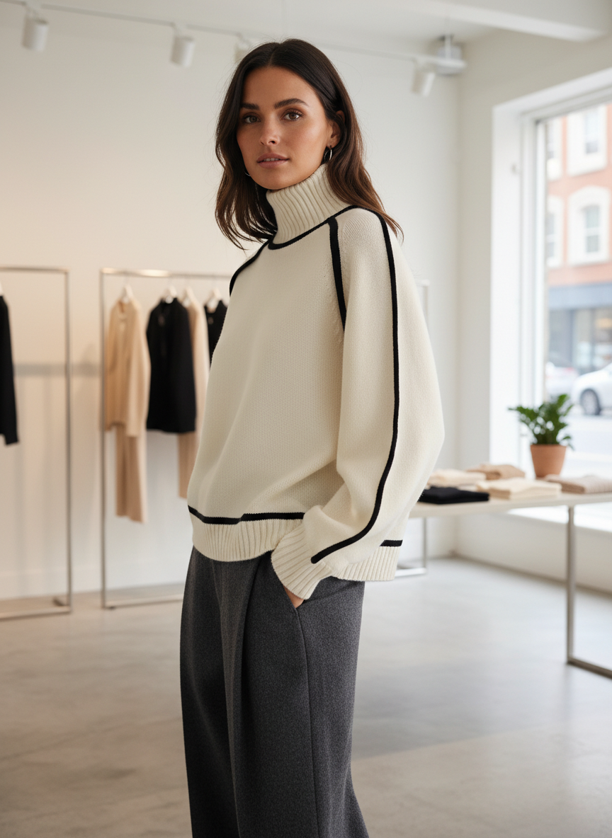 Zachte Turtleneck Sweater met Zwarte Piping – Ultiem Comfort