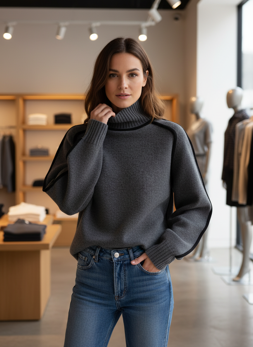 Zachte Turtleneck Sweater met Zwarte Piping – Ultiem Comfort