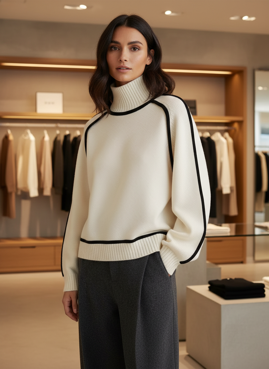 Zachte Turtleneck Sweater met Zwarte Piping – Ultiem Comfort