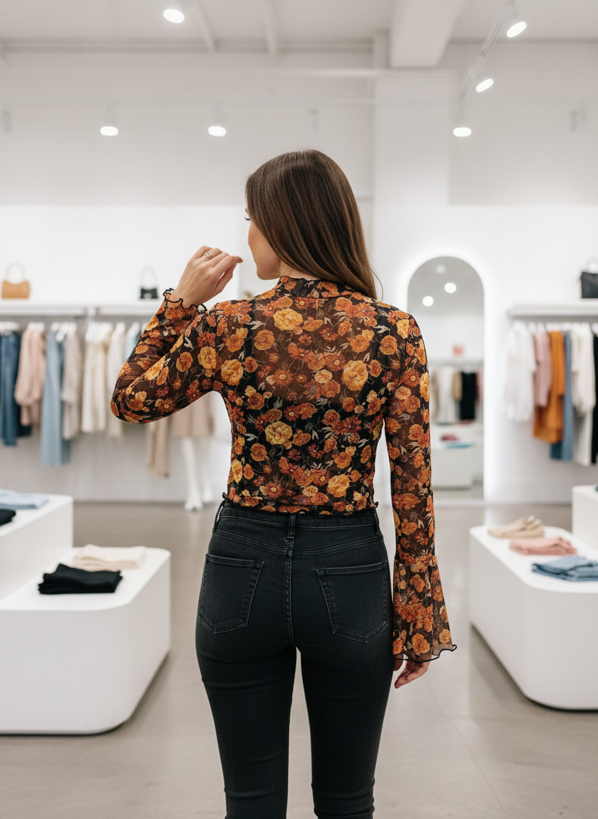 Floral mesh crop top with bell sleeves back view