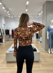 Floral mesh crop top with bell sleeves back detail view