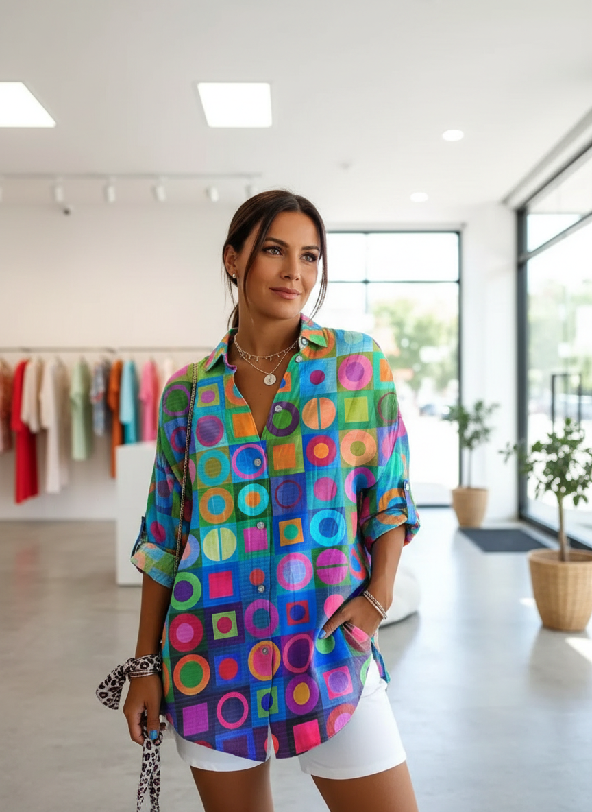 Women's bright geometric print shirt with rolled sleeves, front view.