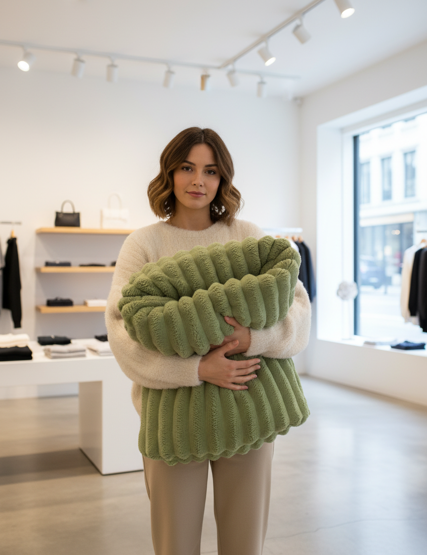 Green knitted blanket with ribbed texture held by model in store setting
