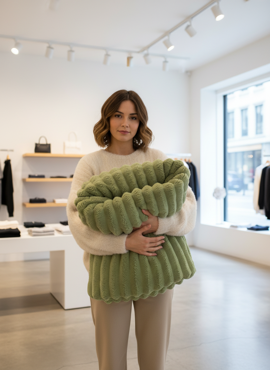 Green knitted blanket with ribbed texture held by model in store setting
