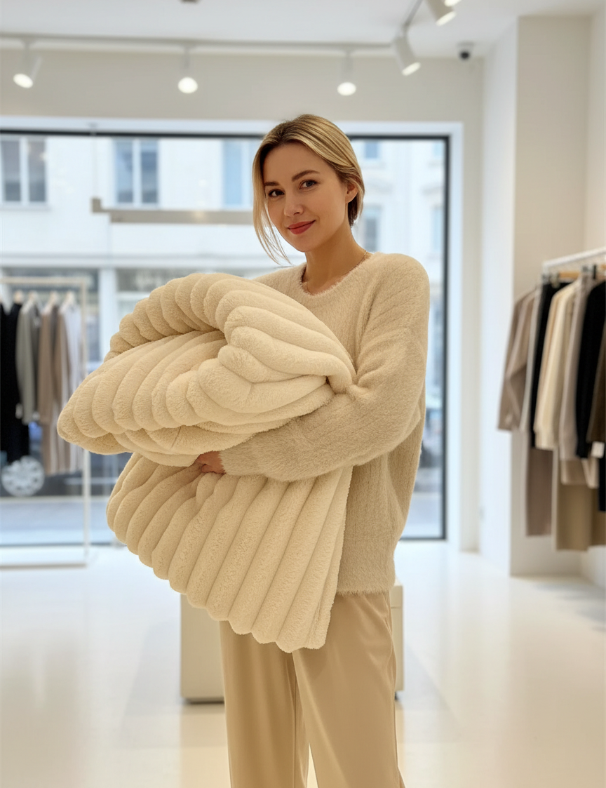 Beige knitted blanket with ribbed texture held by model in store setting
